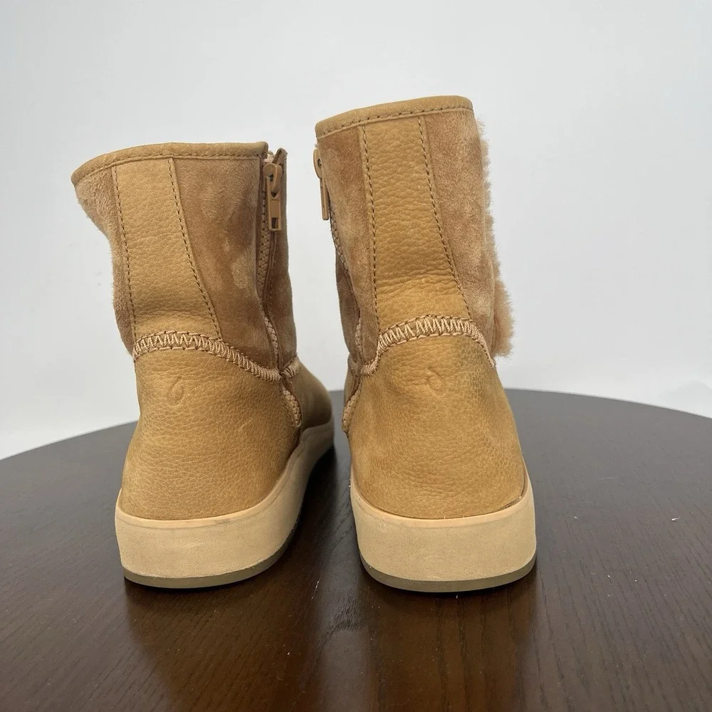 Olukai Pa'Ina Hulu Boots Womens 8 Tan Nubuck Leather Sheep Fur Winter Pull‎ On